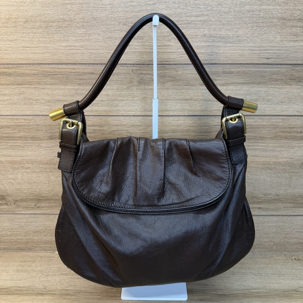 Vtg Dolce & Gabbana Brown Leather Pleated Slouchy Hobo Flap Shoulder Bag Y2K